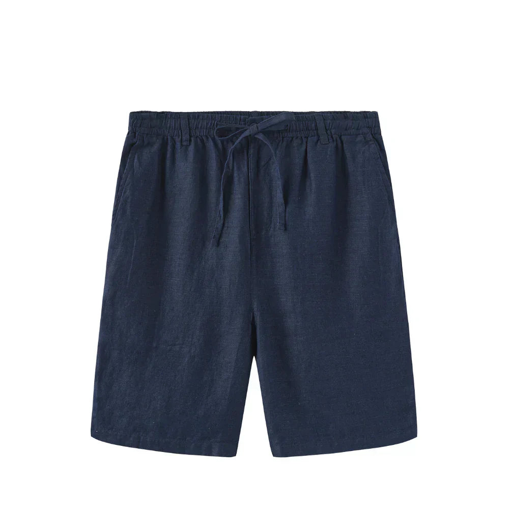Bermuda Linho Masculina Romenzi RZ495 em tecido de linho leve e sofisticado, caimento moderno, ideal para estilo casual e eventos à beira-mar.