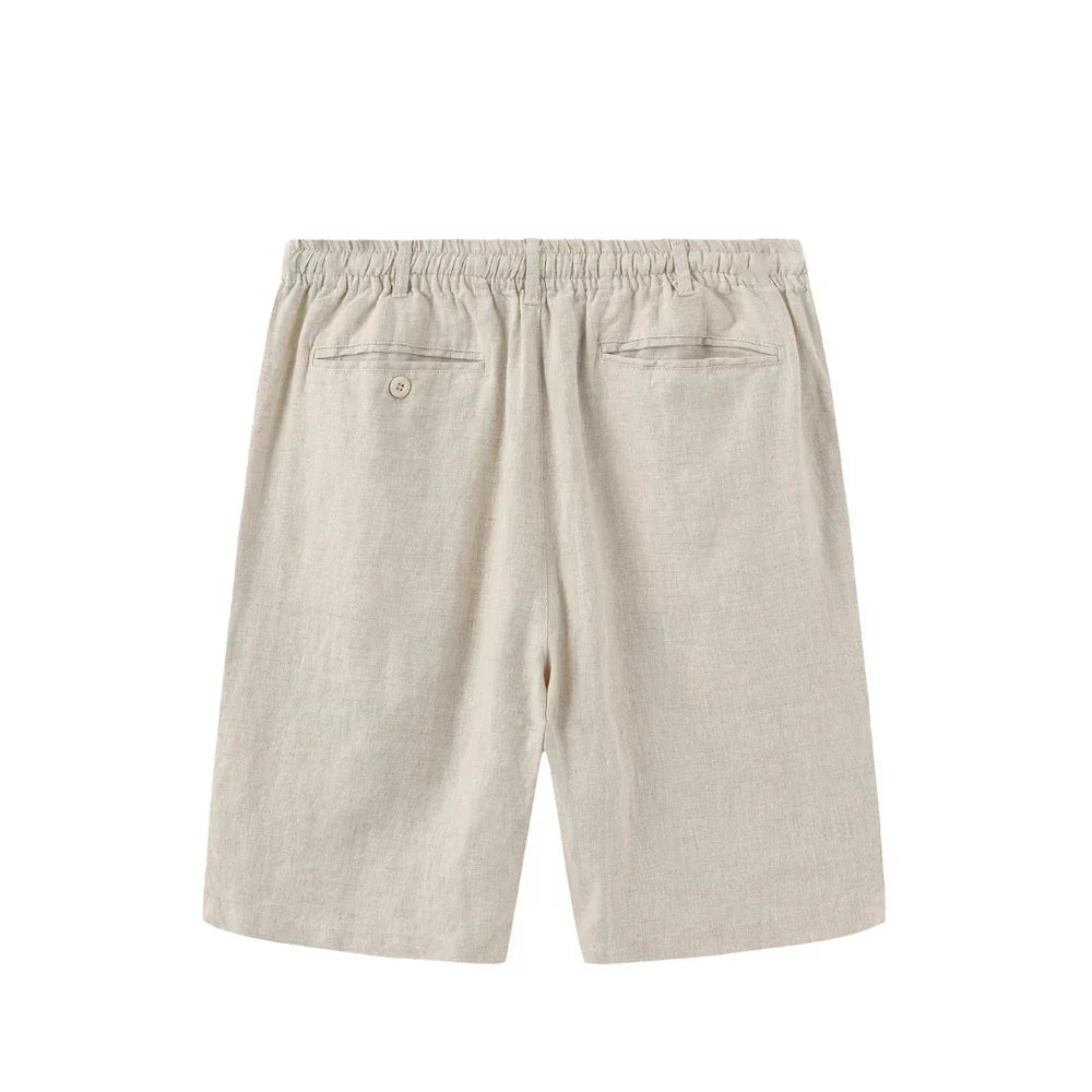 Bermuda Linho Masculina Romenzi RZ495 em tecido de linho leve e sofisticado, caimento moderno, ideal para estilo casual e eventos à beira-mar.