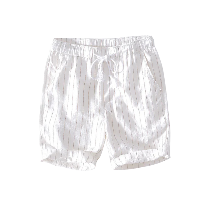 Bermuda Masculina de Linho Listrada Romenzi RZ506 feita em linho premium, leve e respirável, com estampa clássica e caimento sofisticado para estilo elegante.