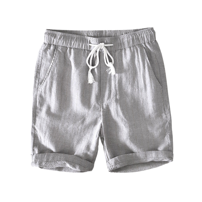 Bermuda Masculina de Linho Listrada Romenzi RZ506 feita em linho premium, leve e respirável, com estampa clássica e caimento sofisticado para estilo elegante.