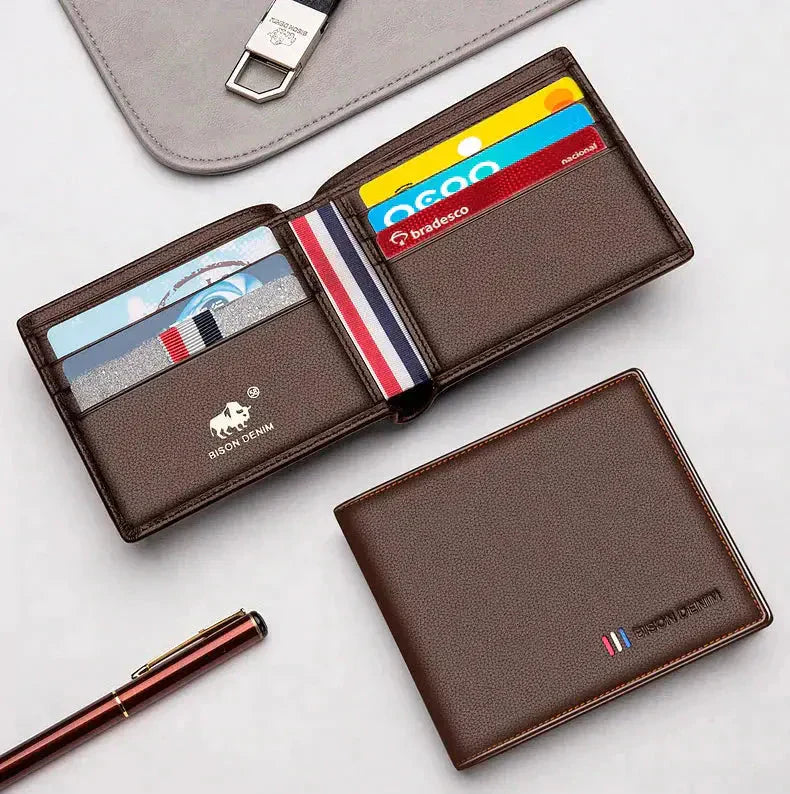 Carteira Masculina Bison Romenzi RZ479 em couro PU premium com design elegante, porta-cartões, espaço para moedas e notas.