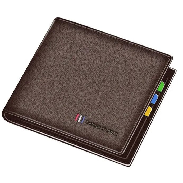 Carteira Masculina Bison Romenzi RZ479 em couro PU premium com design elegante, porta-cartões, espaço para moedas e notas.