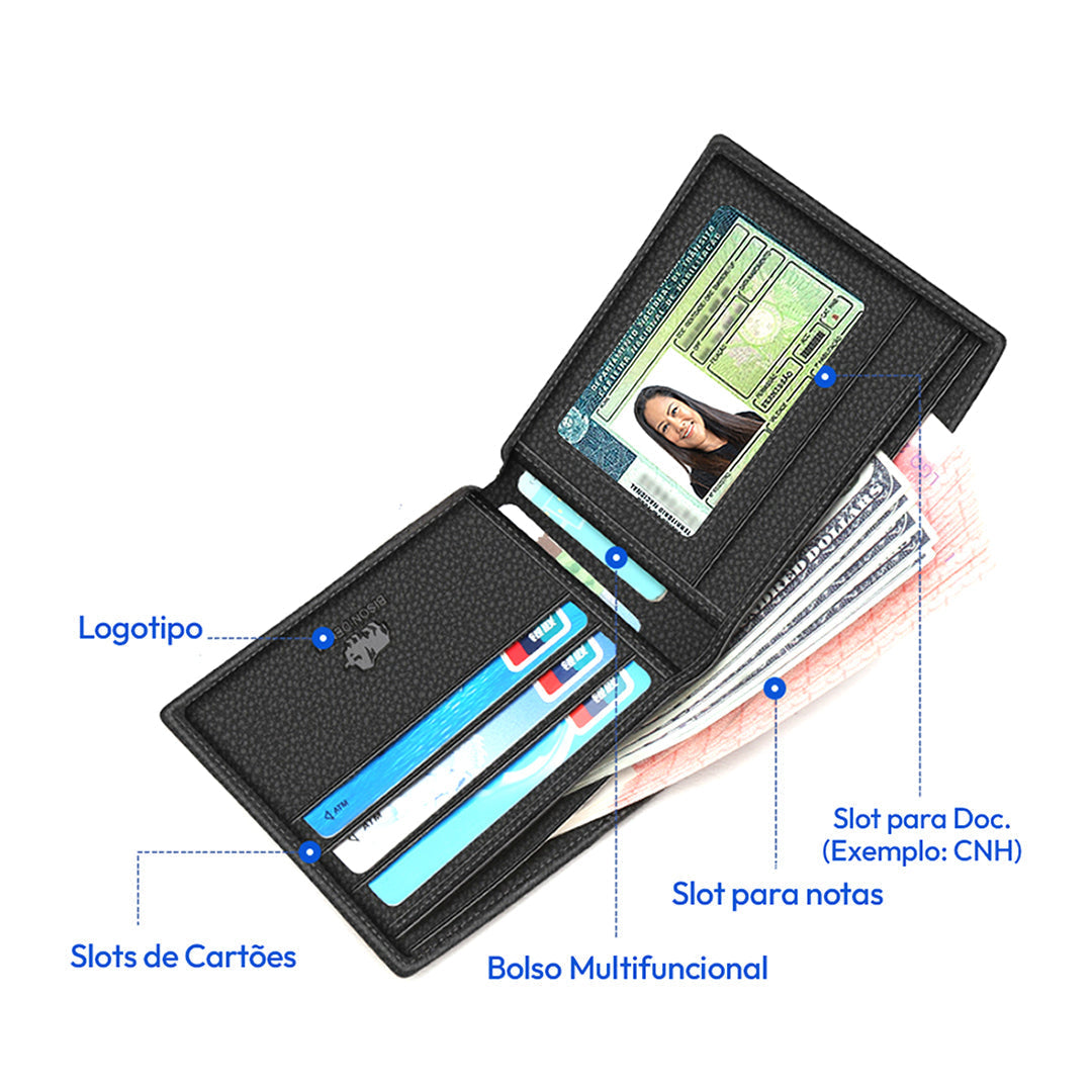 Carteira Masculina de Couro Romenzi RZ487 com acabamento premium, RFID, couro legítimo e compartimentos para cartões, CNH e documentos.