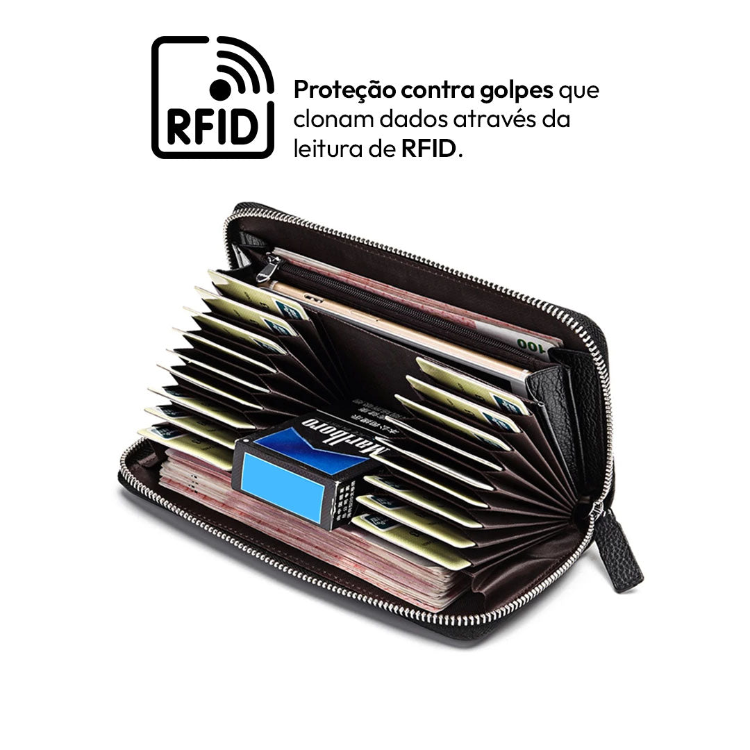Carteira Masculina Safepocket Romenzi RZ488 com RFID, couro legítimo e design porta-passaporte para cartões, CNH e documentos essenciais.