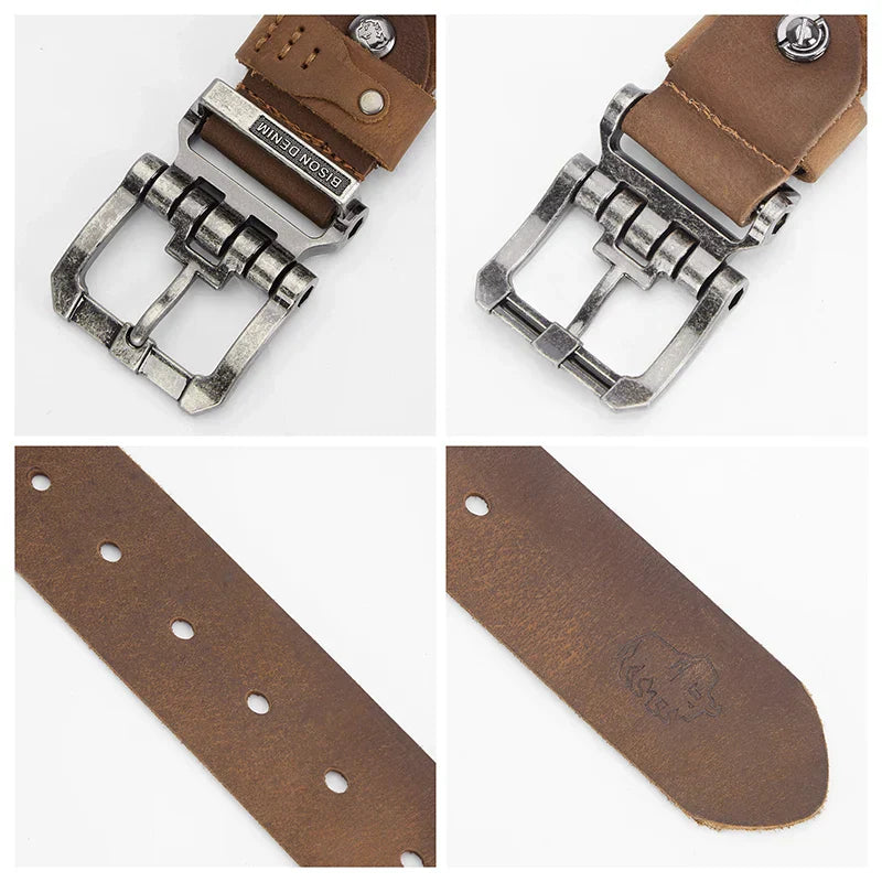 Cinto Masculino de Couro Romenzi Denim RZ459 artesanal com couro de bison e fivela metálica, perfeito para looks casuais ou sociais com estilo.