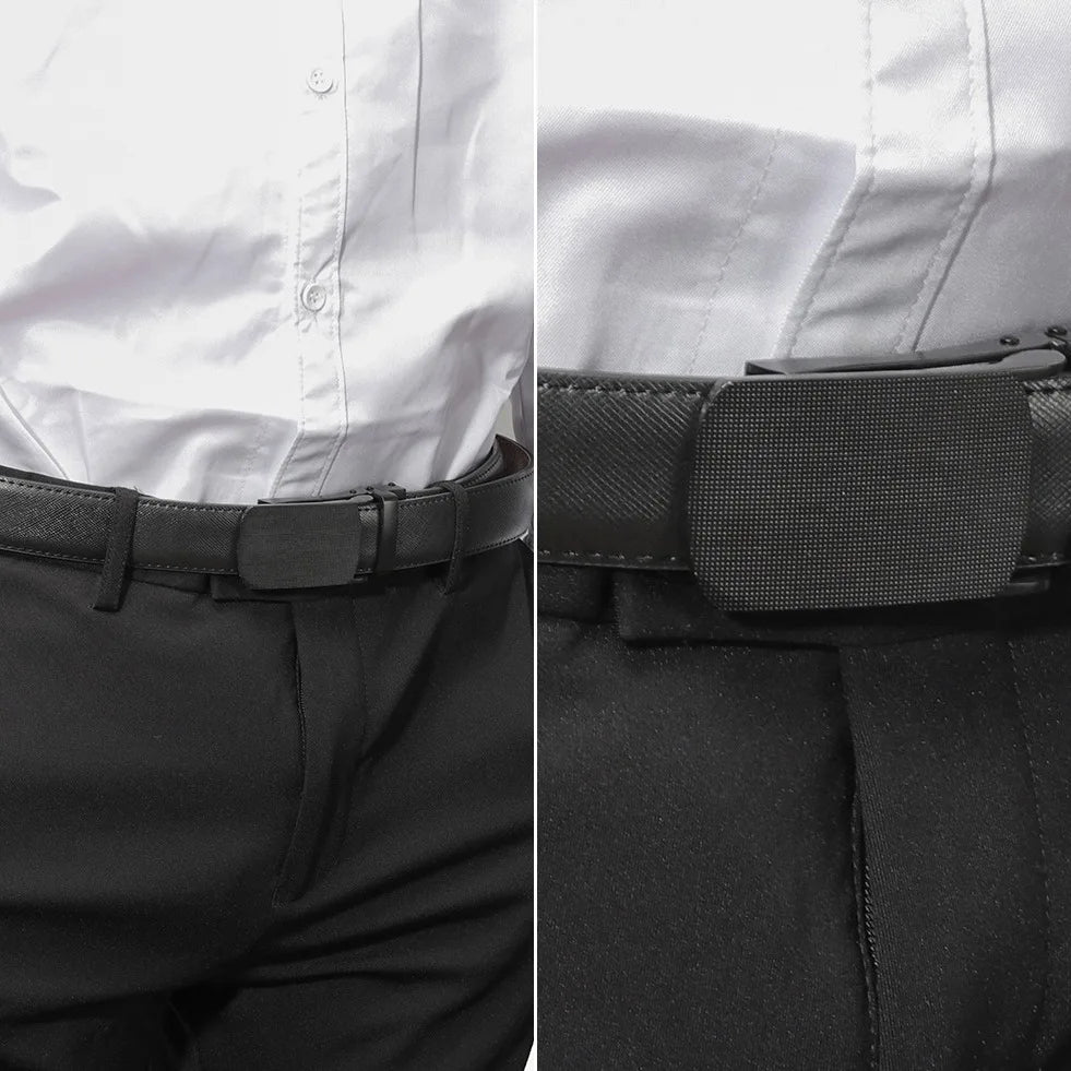 Cinto Masculino Romenzi RZ343 com fivela automática metálica, feito em couro PU nas cores preto e marrom. Estilo, praticidade e elegância.