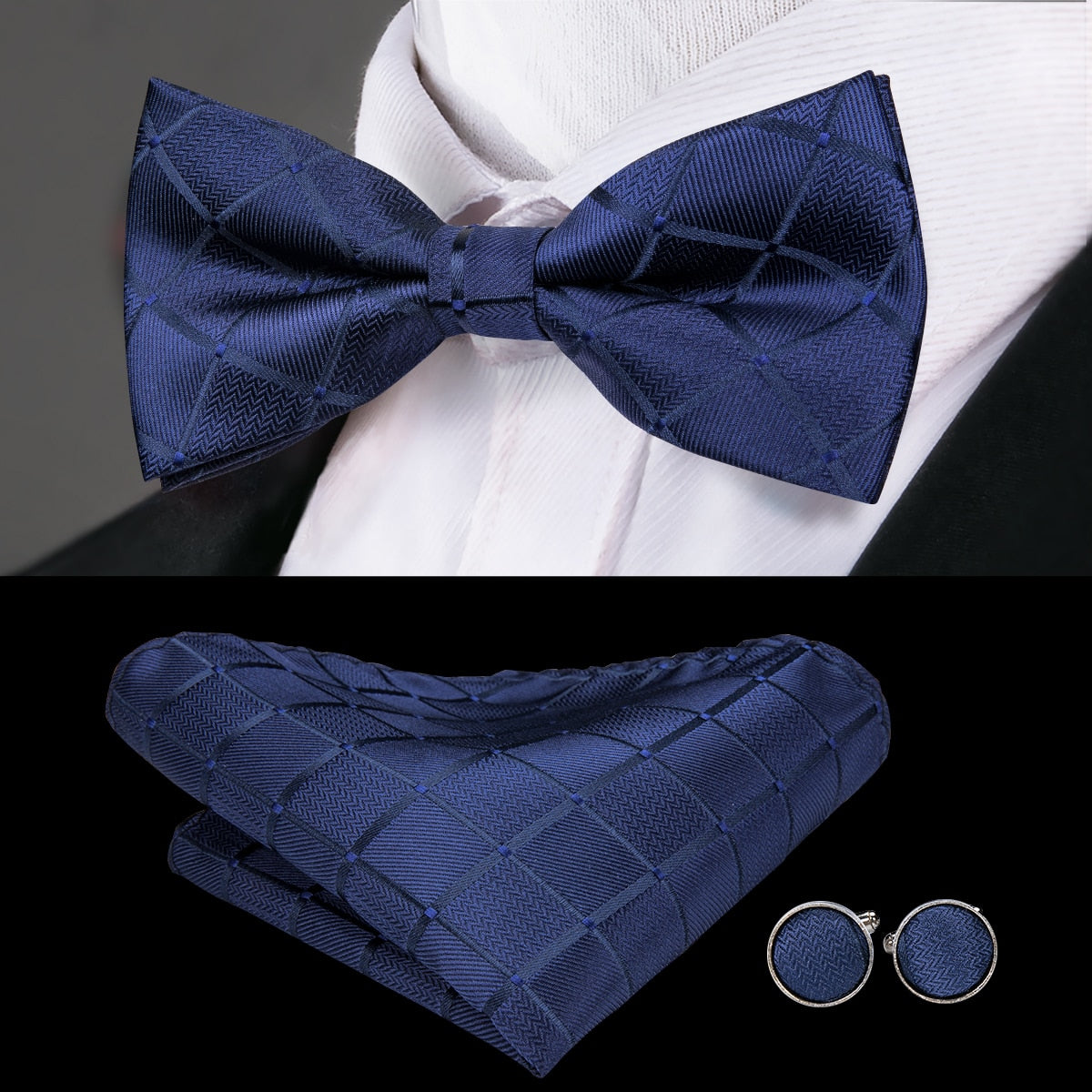 Conjunto Gravata Borboleta Romenzi RZ452 com nó pronto, 2 abotoaduras e 1 lenço de bolso. Sofisticação e estilo para homens elegantes.