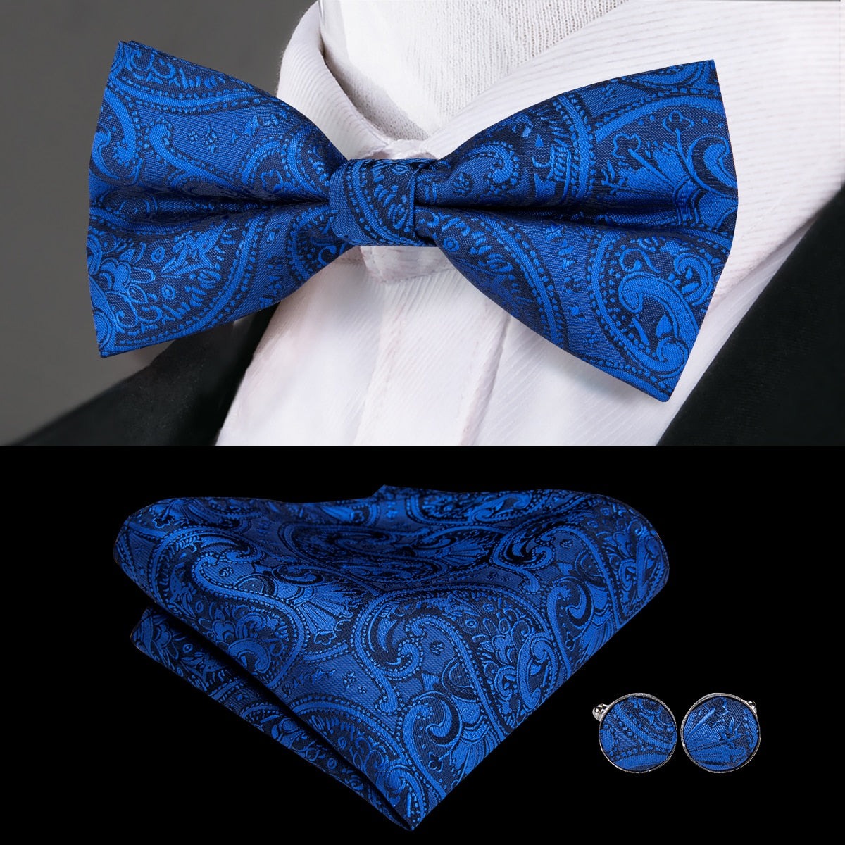 Conjunto Gravata Borboleta Romenzi RZ452 com nó pronto, 2 abotoaduras e 1 lenço de bolso. Sofisticação e estilo para homens elegantes.