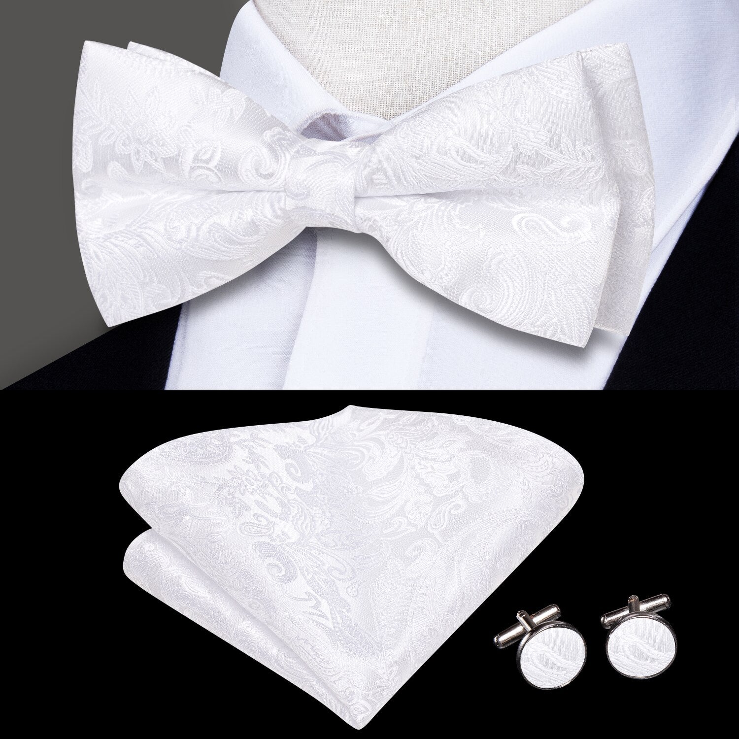Conjunto Gravata Borboleta Romenzi RZ452 com nó pronto, 2 abotoaduras e 1 lenço de bolso. Sofisticação e estilo para homens elegantes.