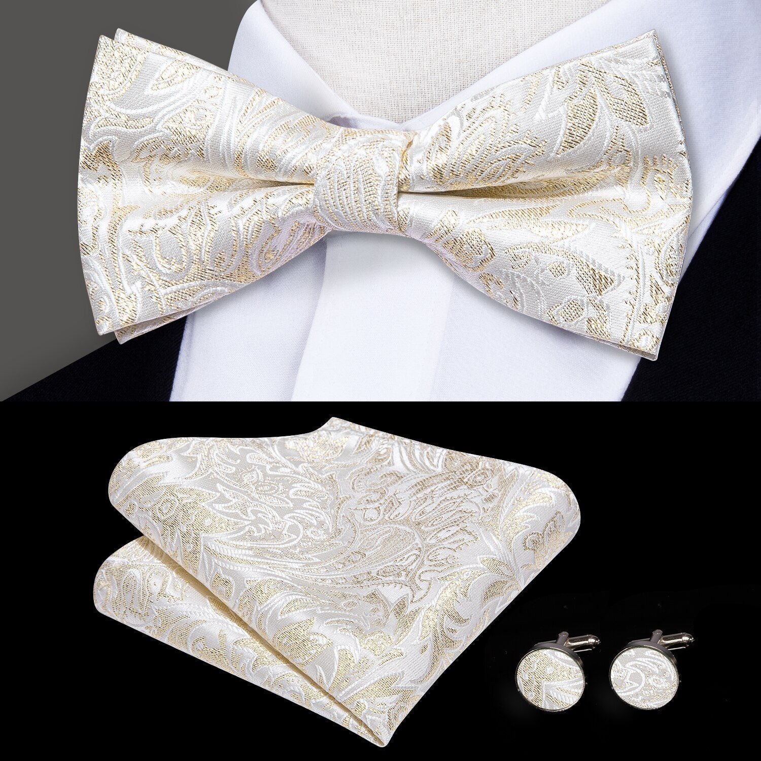 Conjunto Gravata Borboleta Romenzi RZ452 com nó pronto, 2 abotoaduras e 1 lenço de bolso. Sofisticação e estilo para homens elegantes.