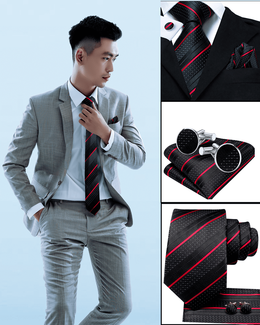 Conjunto Gravata Romenzi Vanguard RZ457 com lenço e abotoaduras, ideal para eventos sofisticados e composições masculinas refinadas.