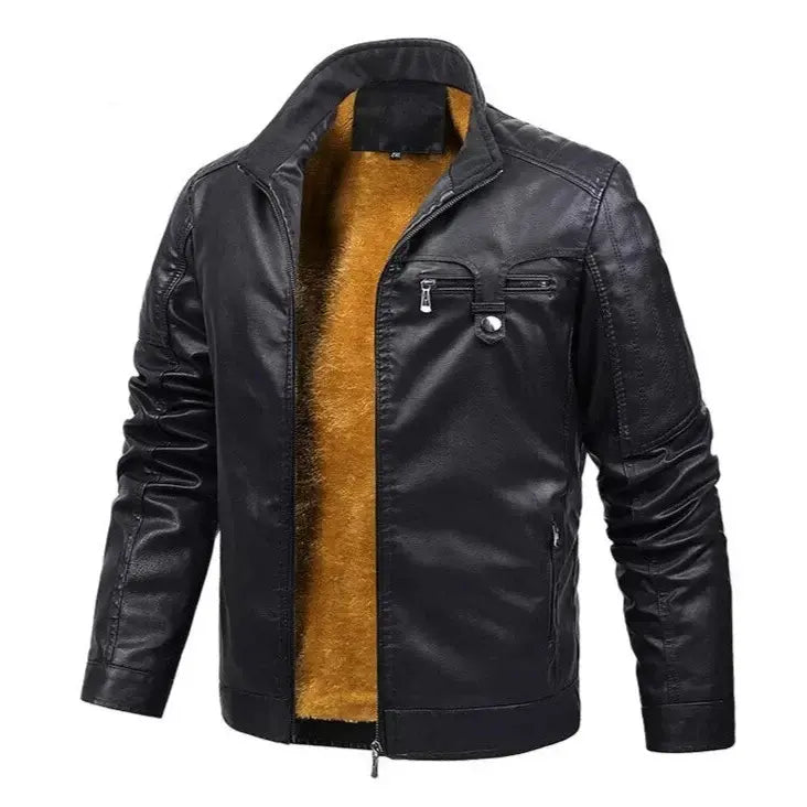 Jaqueta Masculina de Couro Romenzi RZ140 com acabamento em couro premium, interior luxuoso em veludo e design sofisticado para estilo intemporal.