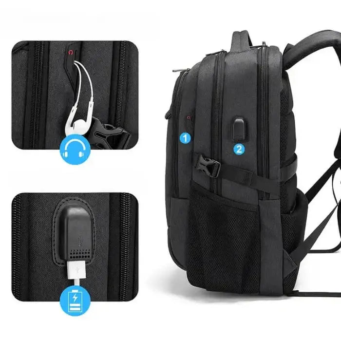 Mochila Executiva Romenzi RZ348 em tecido Oxford impermeável com porta USB e compartimento para notebook 17''. Ideal para negócios e deslocamentos.