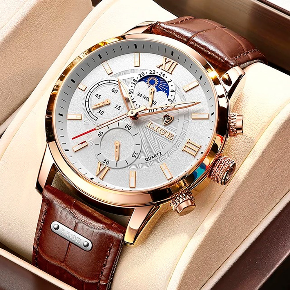 Relógio Masculino Romenzi Classy RZ707: pulseira de couro, design clássico, quartzo, vidro de safira, calendário, cronógrafo, display luminoso, 3ATM.