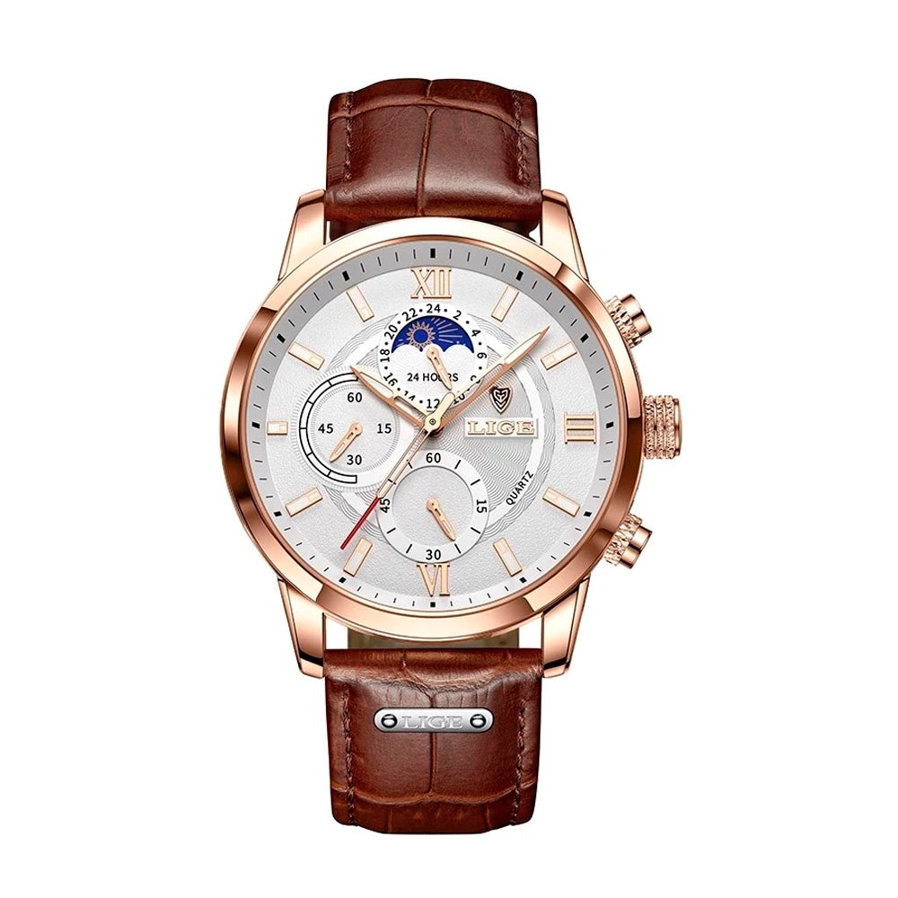Relógio Masculino Romenzi Classy RZ707: pulseira de couro, design clássico, quartzo, vidro de safira, calendário, cronógrafo, display luminoso, 3ATM.