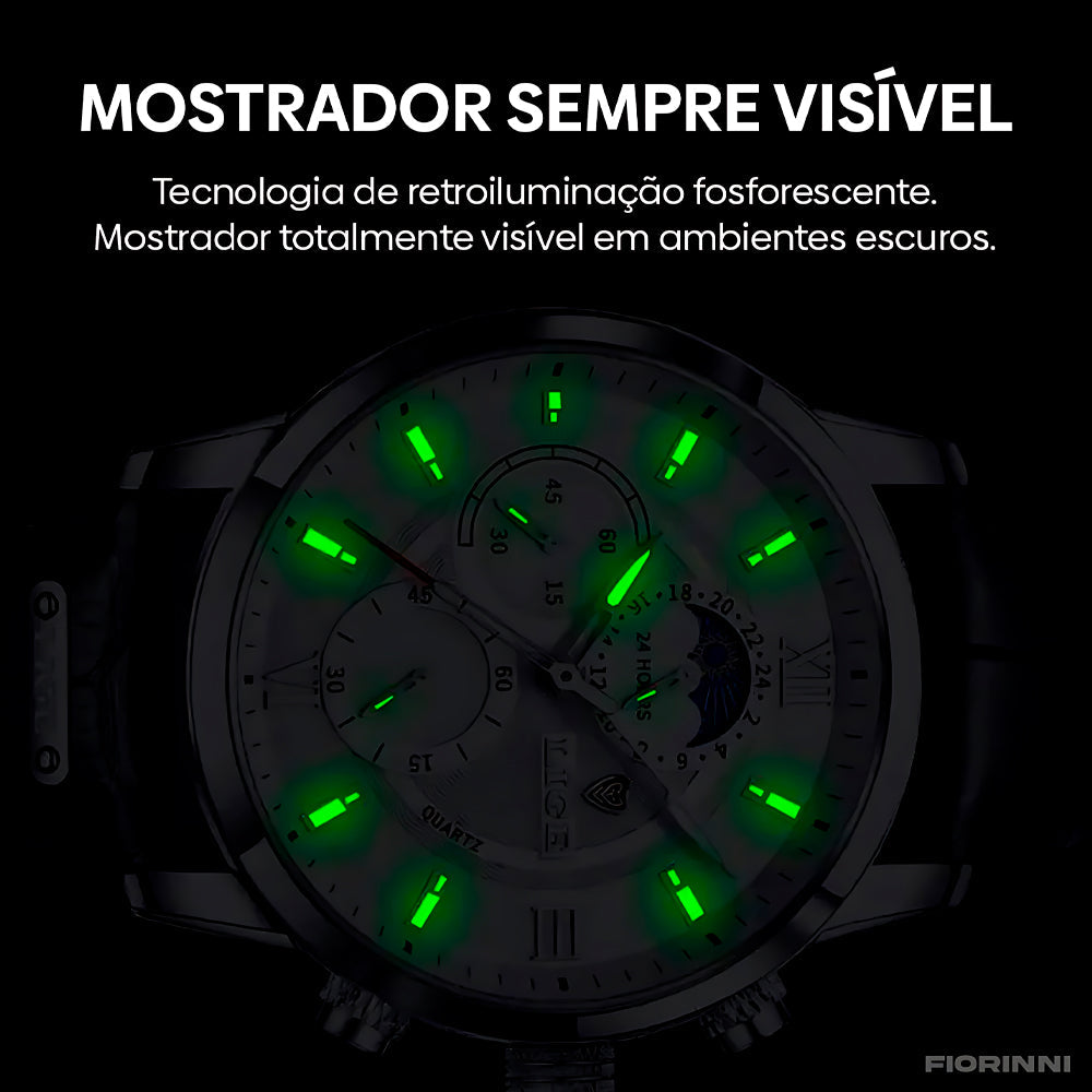 Relógio Masculino Romenzi Classy RZ707: pulseira de couro, design clássico, quartzo, vidro de safira, calendário, cronógrafo, display luminoso, 3ATM.