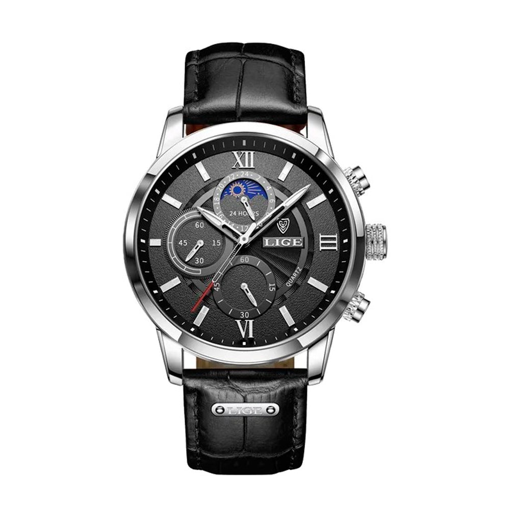 Relógio Masculino Romenzi Classy RZ707: pulseira de couro, design clássico, quartzo, vidro de safira, calendário, cronógrafo, display luminoso, 3ATM.