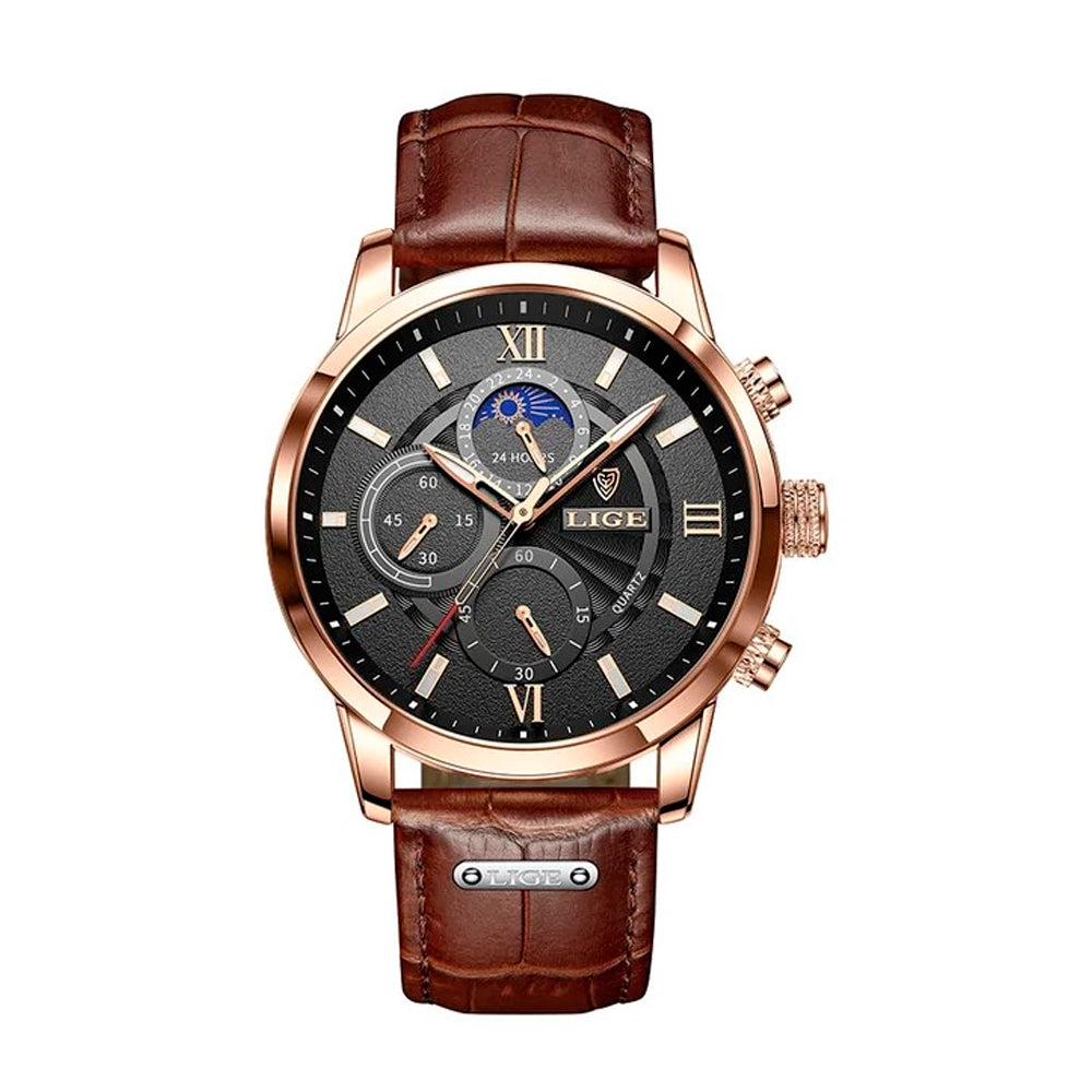 Relógio Masculino Romenzi Classy RZ707: pulseira de couro, design clássico, quartzo, vidro de safira, calendário, cronógrafo, display luminoso, 3ATM.