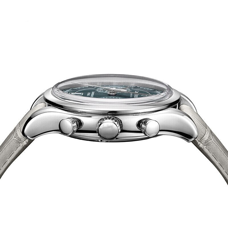 Relógio Masculino Romenzi Flyback RZ708 com pulseira em couro legítimo, mostrador em safira, resistência à água e design ajustável para conforto e estilo.