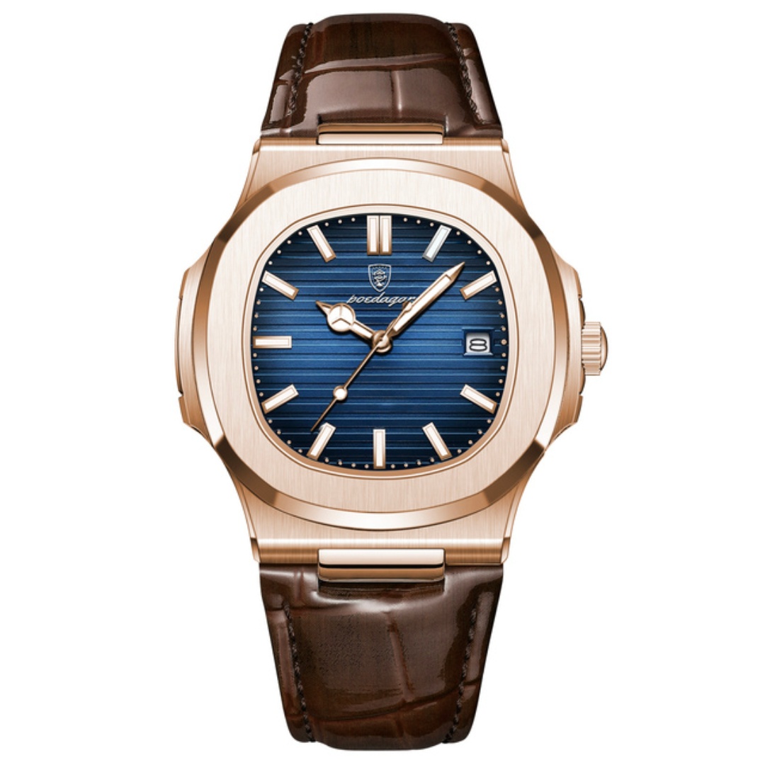 Relógio Masculino Romenzi Gold Noir RZ712: luxo moderno em ouro e noir, pulseira de couro, vidro de safira, resistente à água 30m, ajuste confortável.