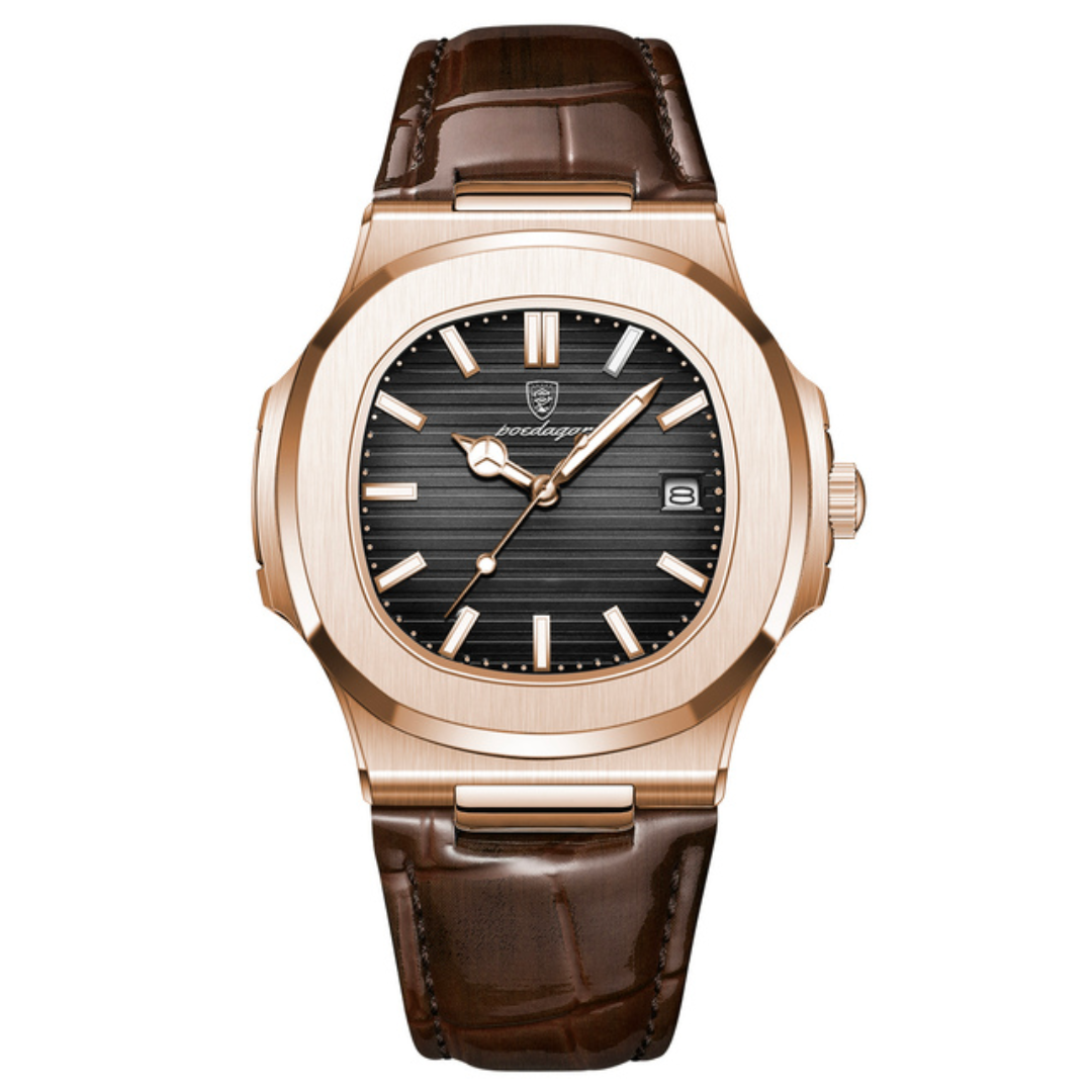 Relógio Masculino Romenzi Gold Noir RZ712: luxo moderno em ouro e noir, pulseira de couro, vidro de safira, resistente à água 30m, ajuste confortável.