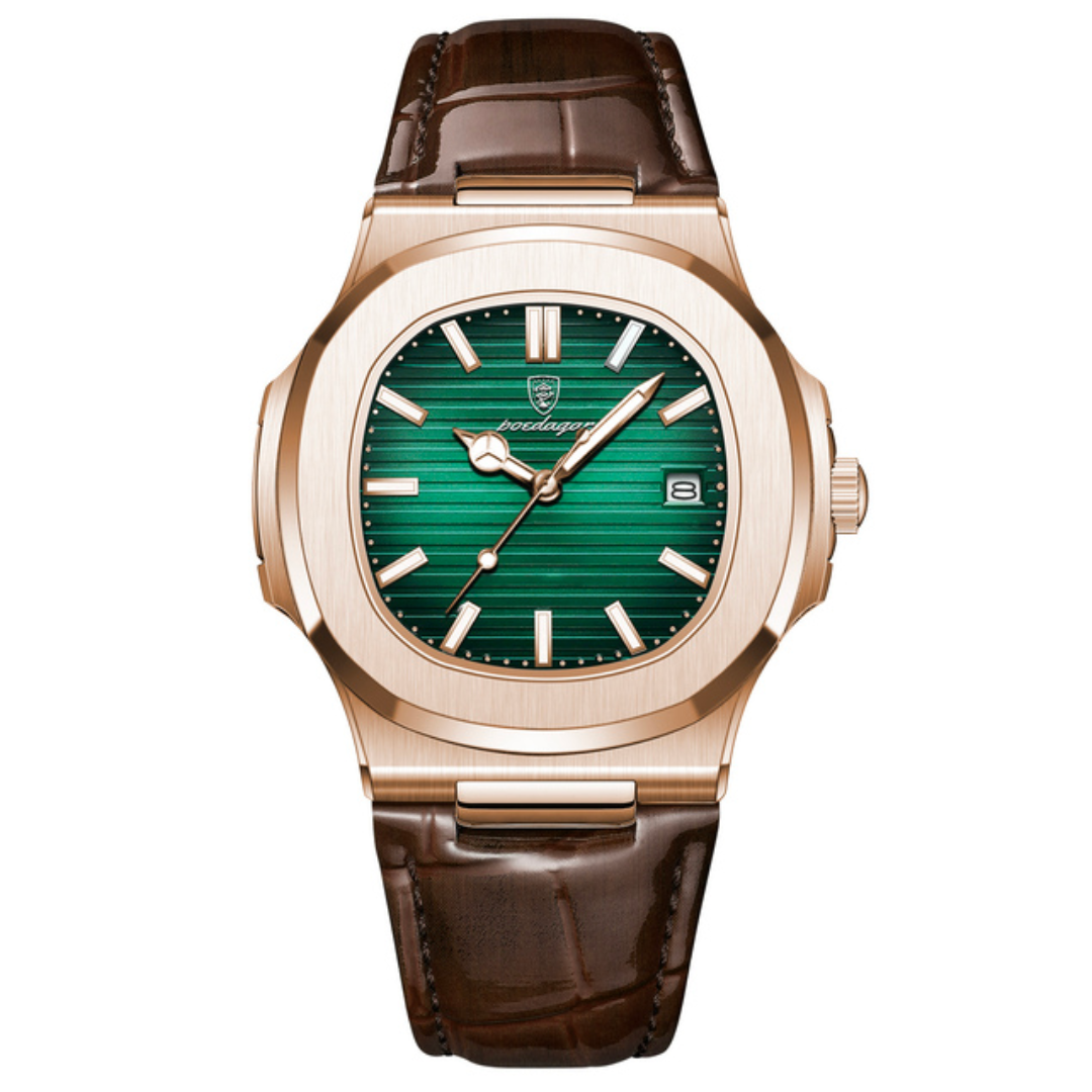 Relógio Masculino Romenzi Gold Noir RZ712: luxo moderno em ouro e noir, pulseira de couro, vidro de safira, resistente à água 30m, ajuste confortável.