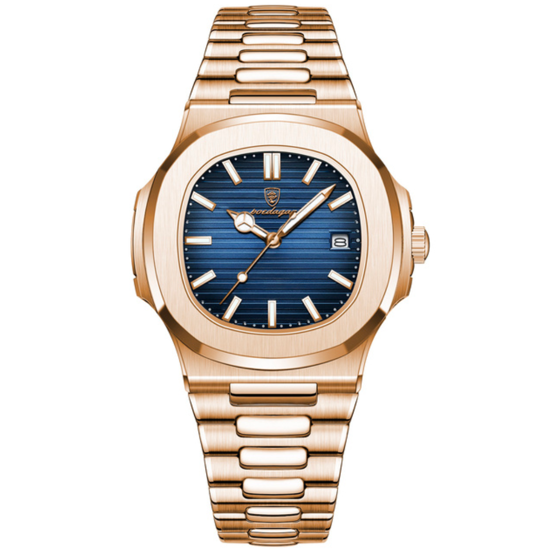 Relógio Golden Atlas: estilo marítimo refinado com pulseira de aço inox 904L banhada a ouro 18k, vidro de safira, 40mm, resistente à água até 30m, ajuste personalizado.