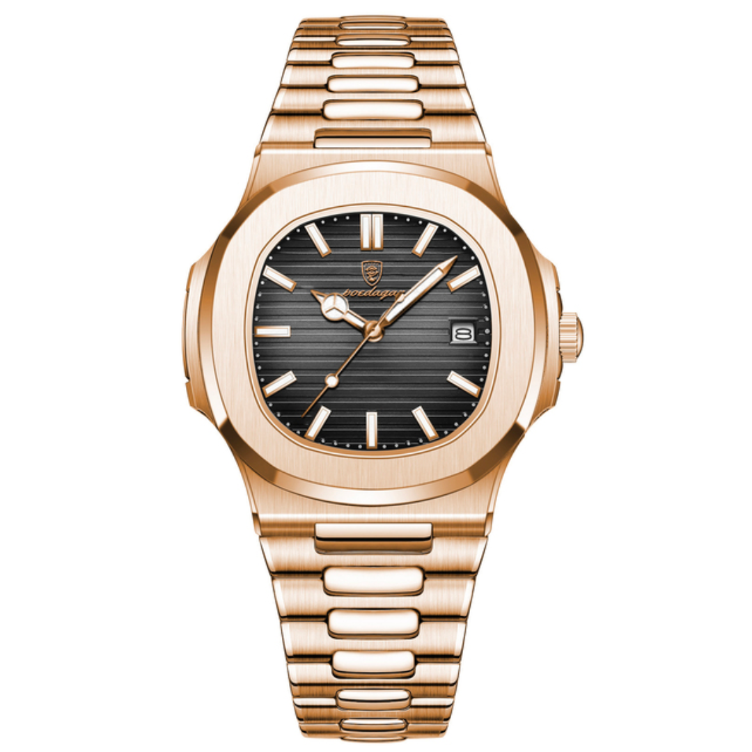 Relógio Golden Atlas: estilo marítimo refinado com pulseira de aço inox 904L banhada a ouro 18k, vidro de safira, 40mm, resistente à água até 30m, ajuste personalizado.