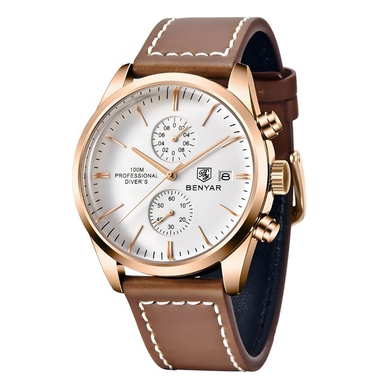 Relógio Masculino Romenzi Majestic RZ716 com pulseira em couro ajustável, vidro de safira, quartzo japonês e resistência à água até 30 metros.