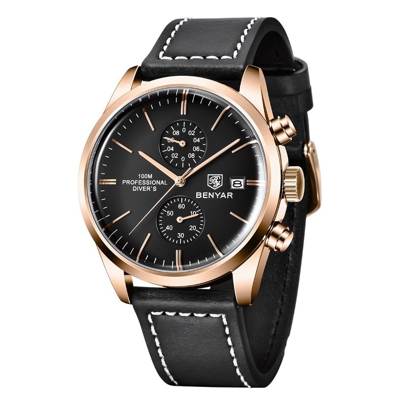 Relógio Masculino Romenzi Majestic RZ716 com pulseira em couro ajustável, vidro de safira, quartzo japonês e resistência à água até 30 metros.