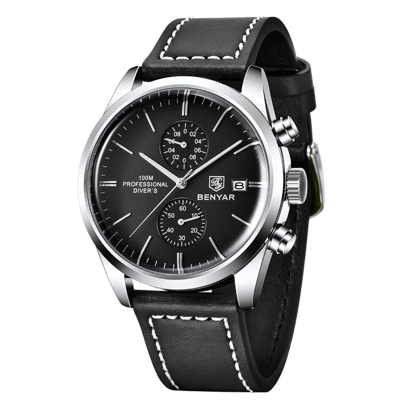 Relógio Masculino Romenzi Majestic RZ716 com pulseira em couro ajustável, vidro de safira, quartzo japonês e resistência à água até 30 metros.