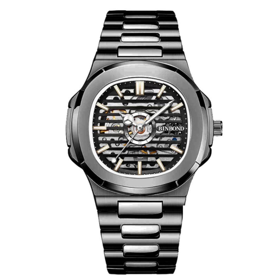 Relógio Masculino Romenzi Phantom RZ719 com pulseira em aço inoxidável 904L e mostrador em vidro de safira, unindo resistência, sofisticação e estilo único.
