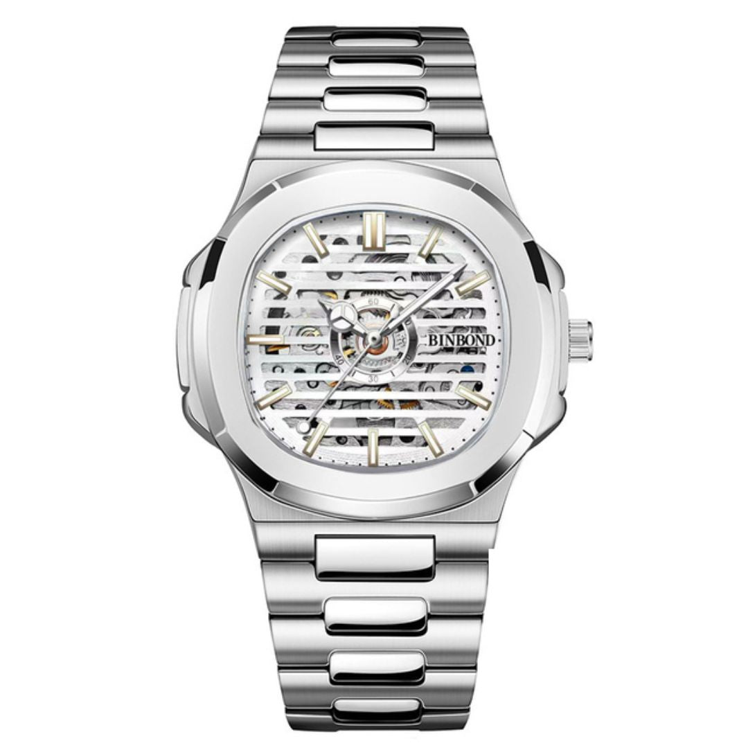 Relógio Masculino Romenzi Phantom RZ719 com pulseira em aço inoxidável 904L e mostrador em vidro de safira, unindo resistência, sofisticação e estilo único.