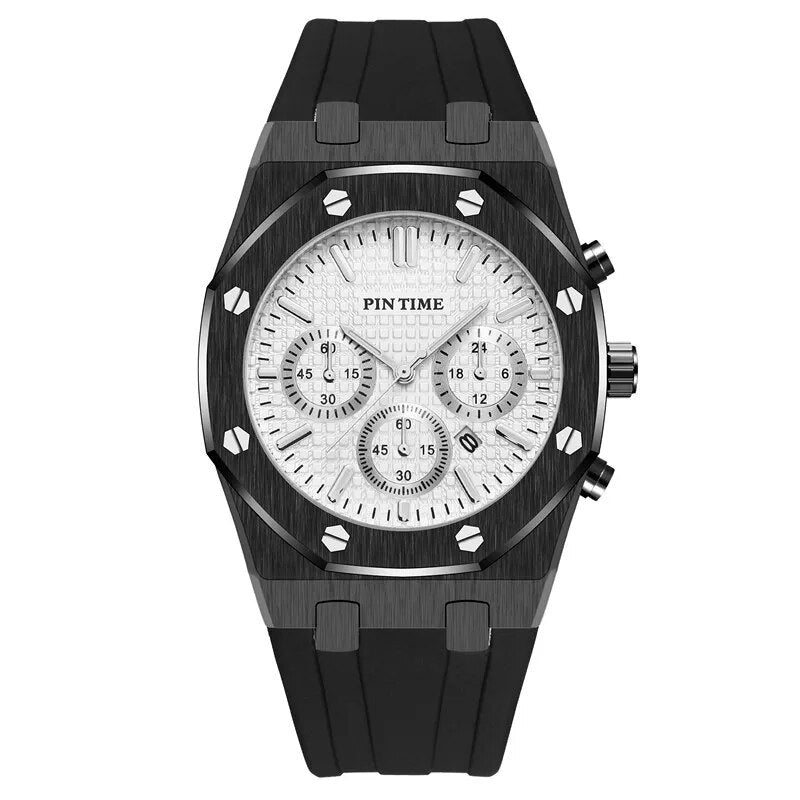 Relógio Masculino Romenzi Sober RZ723 com pulseira em látex e aço inox 904L, vidro de safira, mostrador de 40mm e resistência à água até 30 metros.