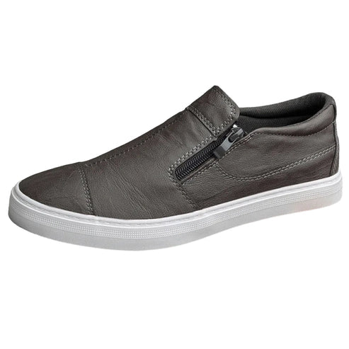 Tênis Masculino Romenzi RZ424 em couro preto com design Slip On, zíper lateral, palmilha macia e forro ventilado para praticidade e elegância diárias.