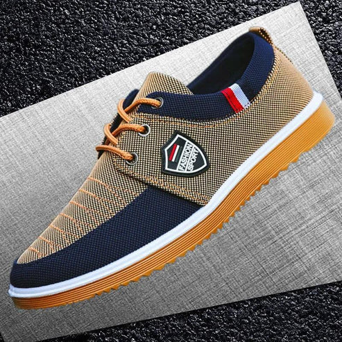 Tênis Masculino Romenzi RZ380 azul e caramelo, com ventilação, palmilha em E.V.A e sola de borracha antiderrapante para estilo urbano e conforto diário