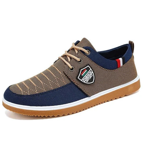 Tênis Masculino Romenzi RZ380 azul e caramelo, com ventilação, palmilha em E.V.A e sola de borracha antiderrapante para estilo urbano e conforto diário