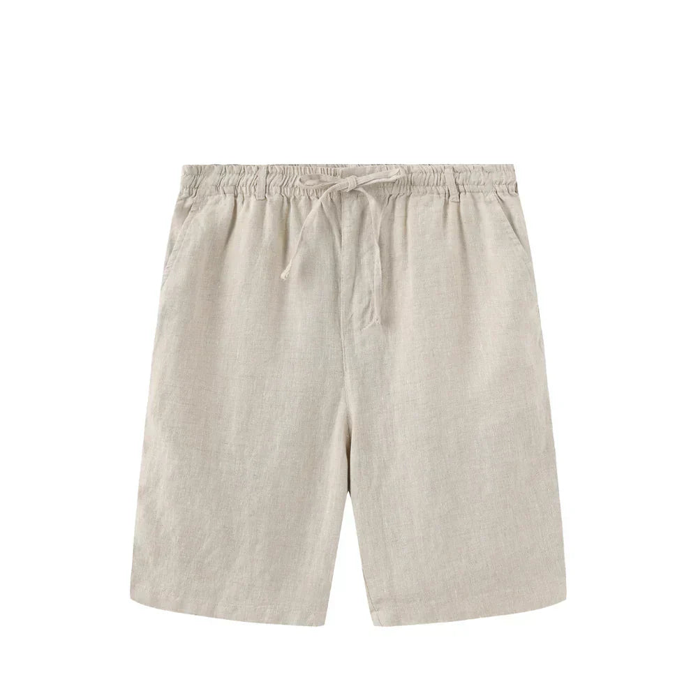 Bermuda Linho Masculina Romenzi RZ495 em tecido de linho leve e sofisticado, caimento moderno, ideal para estilo casual e eventos à beira-mar.