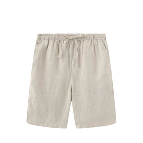 Bermuda Linho Masculina Romenzi RZ495 em tecido de linho leve e sofisticado, caimento moderno, ideal para estilo casual e eventos à beira-mar.
