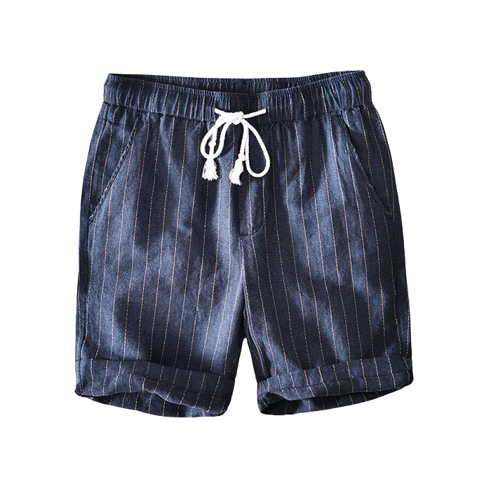 Bermuda Masculina de Linho Listrada Romenzi RZ506 feita em linho premium, leve e respirável, com estampa clássica e caimento sofisticado para estilo elegante.