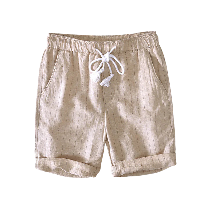 Bermuda Masculina de Linho Listrada Romenzi RZ506 feita em linho premium, leve e respirável, com estampa clássica e caimento sofisticado para estilo elegante.