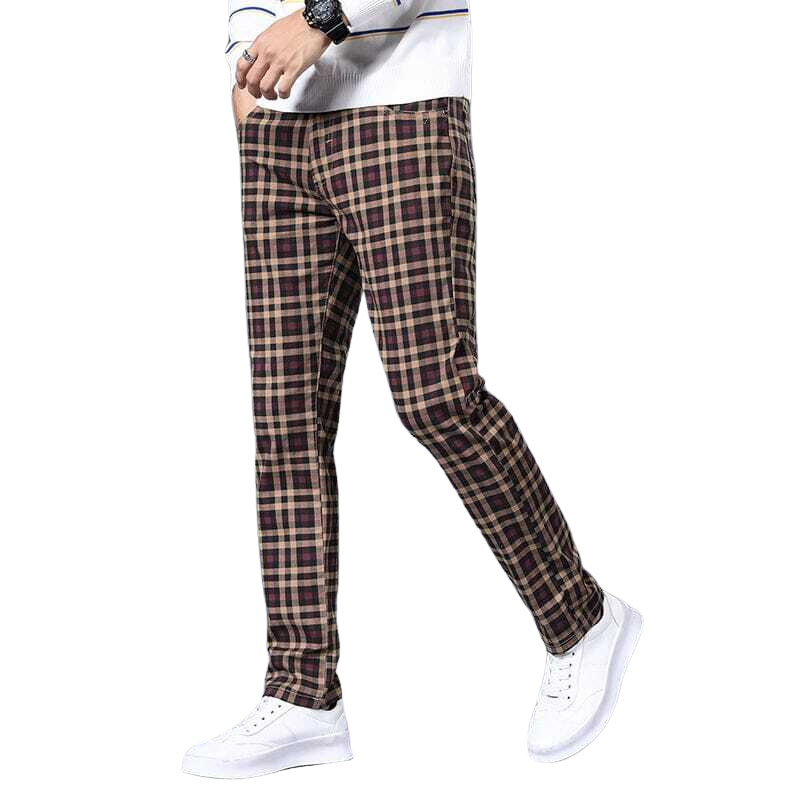 Calça Casual Masculina Xadrez Romenzi RZ010 com ajuste slim fit em cores como caqui, cinza, preta, vermelha e verde