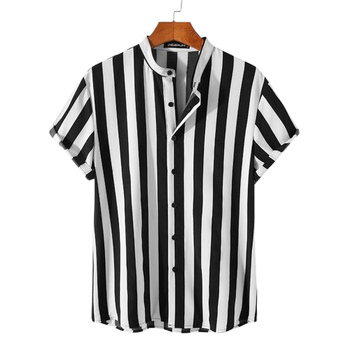 Camisa Manga Curta com Gola Padre Listrada Romenzi RZ572 em tecido leve, com caimento impecável, estilo moderno e elegância para diferentes ocasiões.