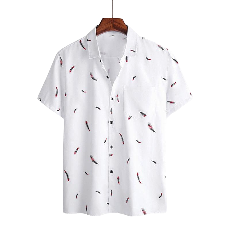 Camisa Manga Curta Estampada Romenzi Feathers RZ573 feita em tecido leve e respirável, com estampa vibrante e corte moderno que une conforto e estilo.