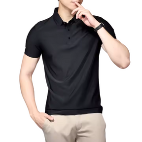 Camisa Polo Masculina Seda Gelo Romenzi RZ013 com manga curta e tecido tecnológico, ideal para sofisticação e conforto diário.
