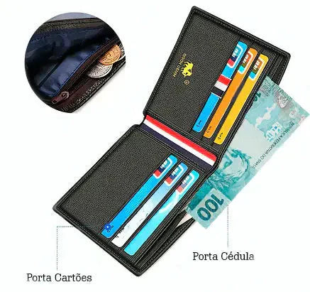 Carteira Masculina Bison Romenzi RZ479 em couro PU premium com design elegante, porta-cartões, espaço para moedas e notas.