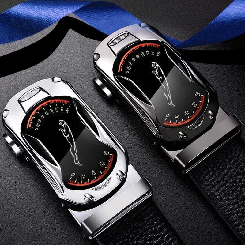 Cinto Masculino Jaguar Romenzi RZ339 com fivela automática dourada, prata ou preta, feito em couro PU com design sofisticado e ajuste preciso.