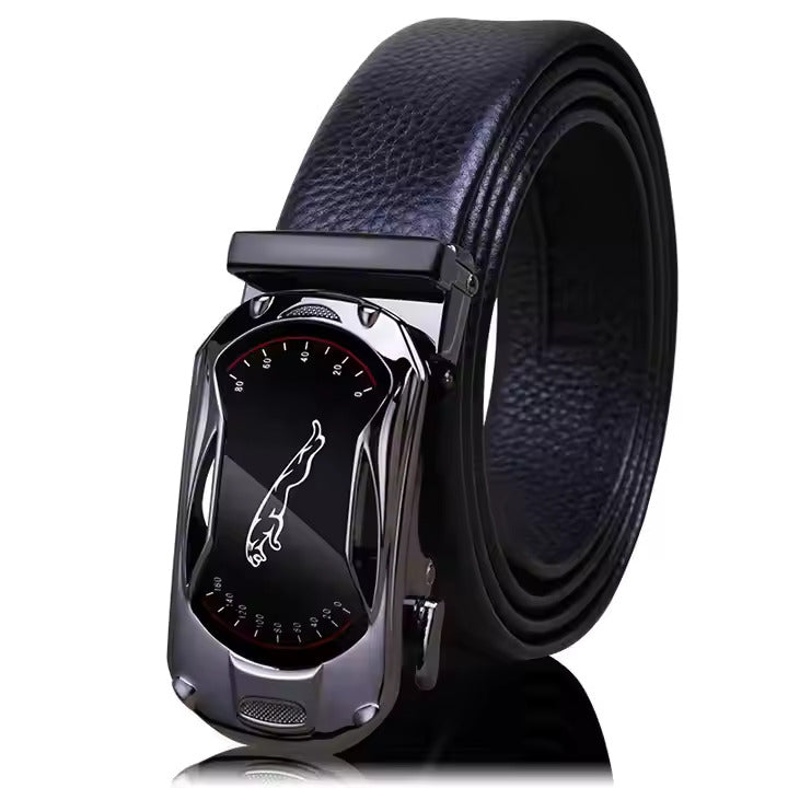 Cinto Masculino Jaguar Romenzi RZ339 com fivela automática dourada, prata ou preta, feito em couro PU com design sofisticado e ajuste preciso.