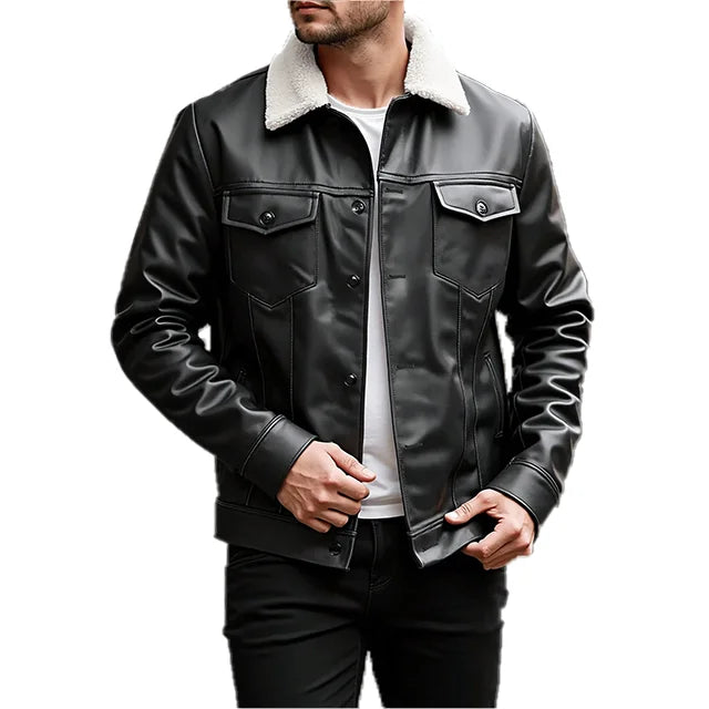 aqueta de Couro Masculina Romenzi RZ027 com design moderno e gola de pelo sintético, ideal para estilo e conforto em dias frios.