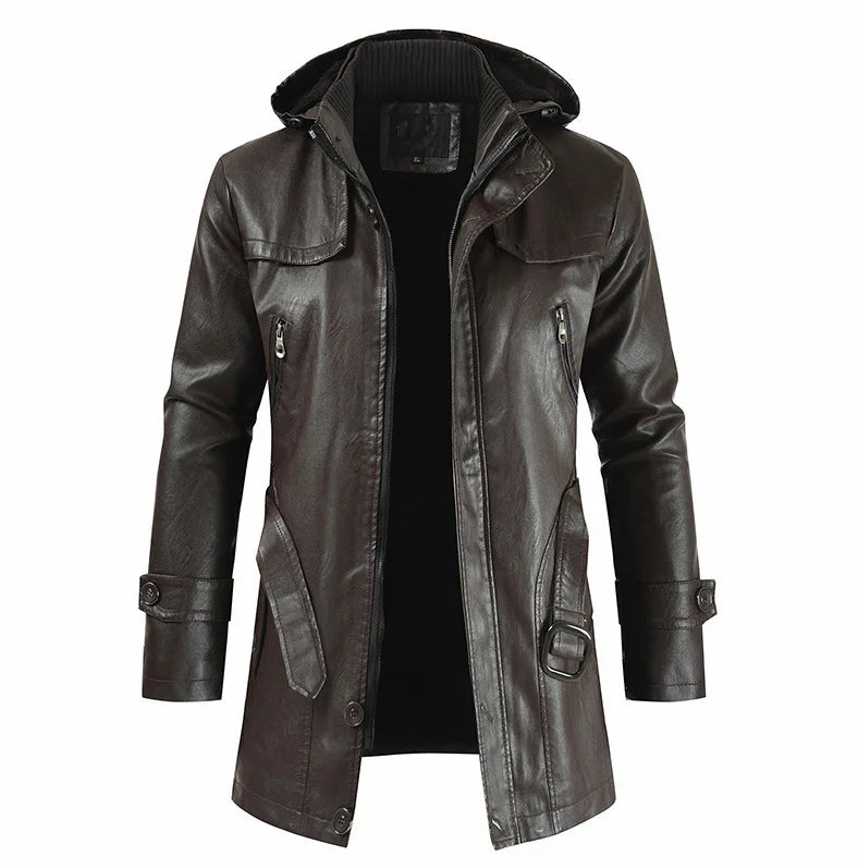 Jaqueta Longa de Couro com Capuz Masculina Romenzi RZ152 em couro premium, com costuras reforçadas e capuz removível para um visual elegante e funcional.